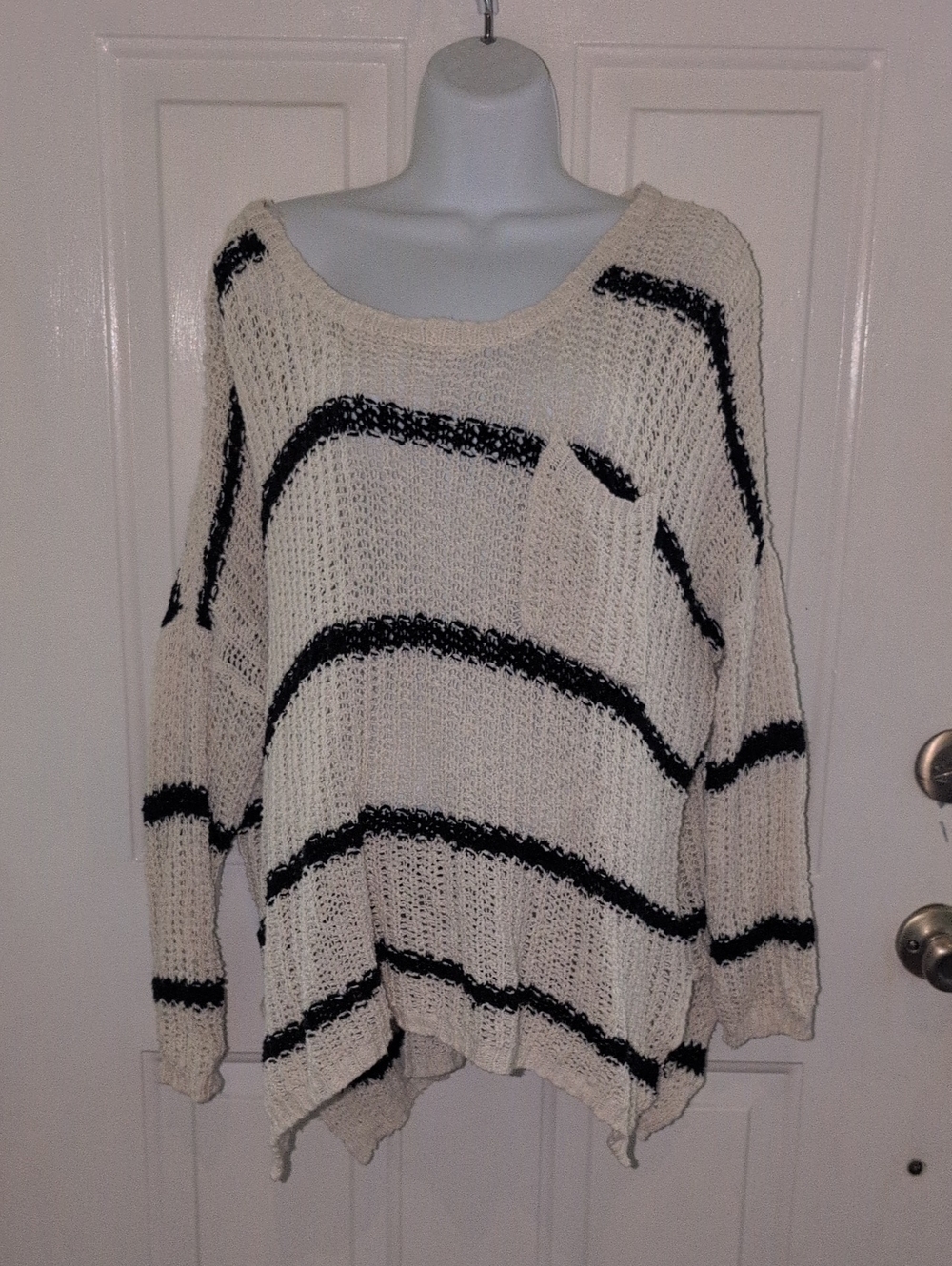 Free People Cream Open-Knit Scoop Neck Sweater with Black Stripes